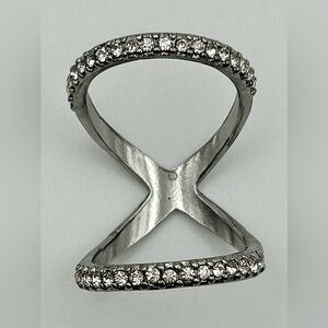 Silver Tone Clear Rhinestone Studded Double Band Crossover Ring—Size 7